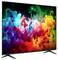 Flat-screen TV displaying a vivid abstract rainbow ink-splash image on a black screen, shown against a white background with two stand legs visible.