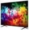 Flat-screen TV displaying a vivid rainbow ink-splash abstract image on a black background, shown on angled stand feet.