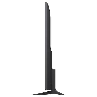 Side view of a sleek black floor lamp with a narrow vertical stem and a wide flat base.