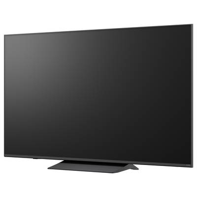 A flat-screen television with a black screen on a stand, shown against a white background.