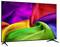 Flat-screen TV displaying a bright abstract rainbow fabric-style image, with black bezel and stand legs on a white background.