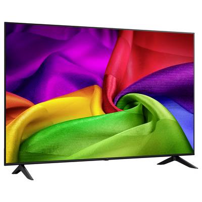 Flat-screen TV displaying a vivid rainbow-colored fabric swirl on a white background.