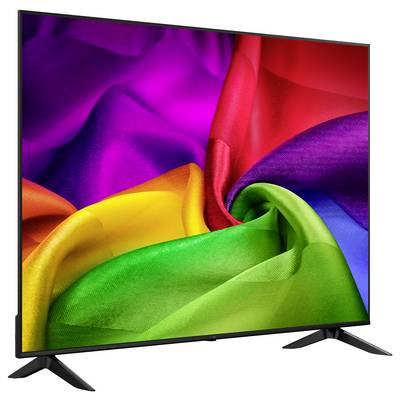Flat-screen TV displaying a colorful rainbow silk fabric image on a white background.<br>