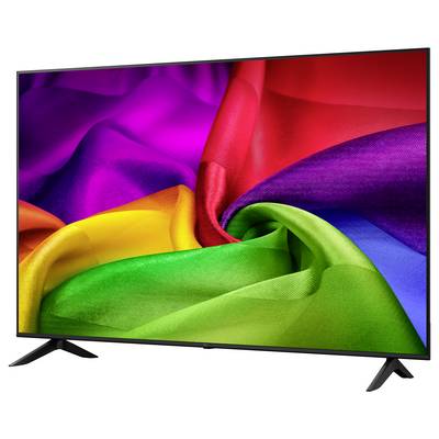 Flat-screen TV displaying a vivid abstract swirl of multicolored fabric-like shapes on a white background.