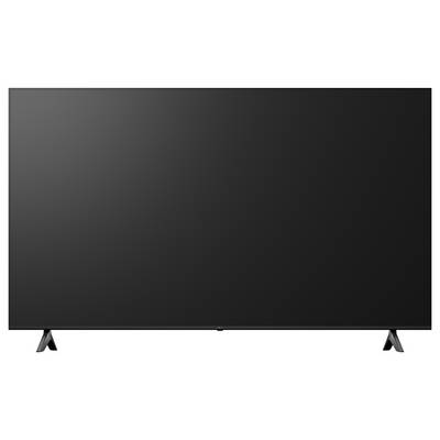 Large flat-screen TV with a blank dark screen on a stand against a white background.