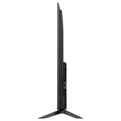 Side view of a slim flat-screen TV on a tripod-style stand, shown against a white background.