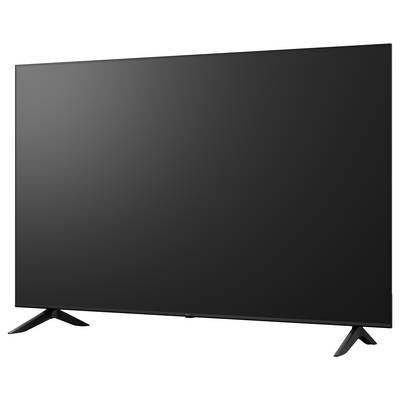 Black flat-screen TV on two angled legs, shown against a plain white background.