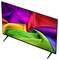 Flat-screen TV on stand displaying vivid rainbow-colored abstract swirls on a white background.