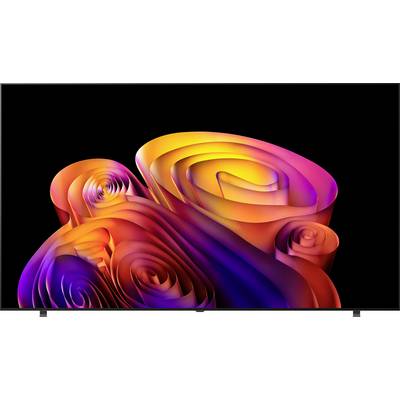 Abstract colorful 3D swirl sculpture of layered ribbon-like forms in orange, pink, purple, and yellow on a black background.