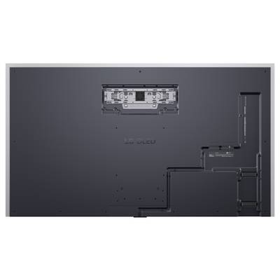 Back of a flat-screen TV with exposed internal mounting and cable compartments; LG OLED logo centered on the panel.