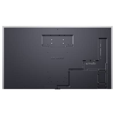 Back view of a flat-screen LG OLED TV, showing the central mounting points and recessed cable-management channels.