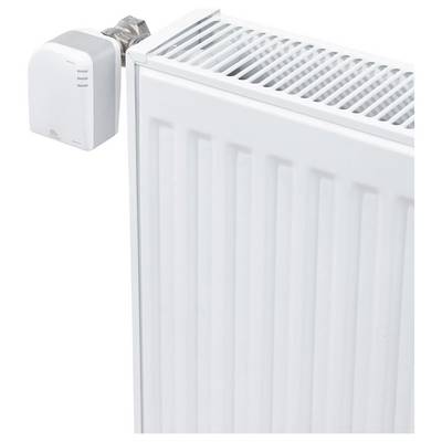 Thermostatic radiator valve mounted on a white radiator, controlling the heating temperature.