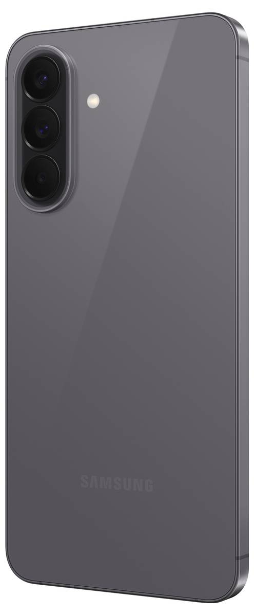 Rear view of a gray Samsung smartphone with triple vertical cameras and a flash in the top-left corner.