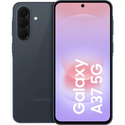 Samsung Galaxy A37 5G smartphone shown front and back, dark rear with triple camera and front display with centered hole-punch camera.