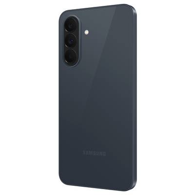 Rear view of a dark blue Samsung smartphone showing a triple-camera module and flash on the upper left.