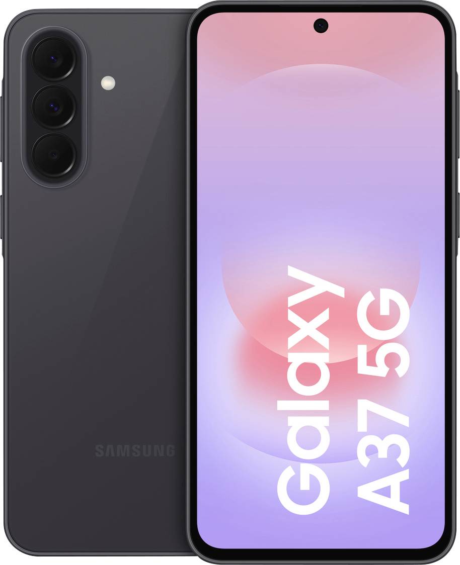 Samsung Galaxy A37 5G smartphone shown front and back, with triple rear cameras and a pink-purple screen displaying 'Galaxy A37 5G'.