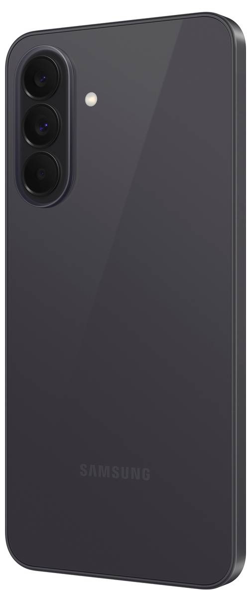 Back view of a dark gray Samsung smartphone with triple rear cameras in a vertical module and a flash.<br>