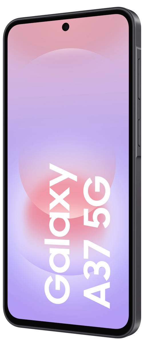 Front view of a Samsung Galaxy A37 5G smartphone with a pink-to-purple gradient screen and centered hole-punch camera.