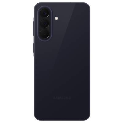 Back of a black Samsung smartphone with triple rear cameras and a flash in the top-left corner.