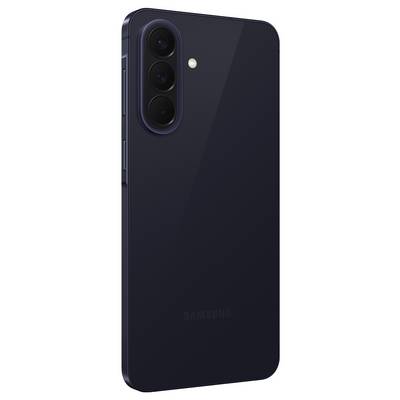 Back of a black Samsung smartphone, showing triple rear cameras in a vertical module and a small flash near the top.
