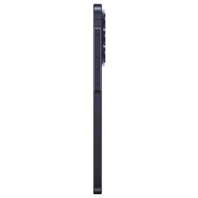 Side view of a black smartphone showing the slim body, side buttons, and protruding rear camera module.