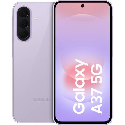 Samsung Galaxy A37 5G smartphone shown front and back in lavender, with triple rear cameras and screen displaying 'Galaxy A37 5G'.