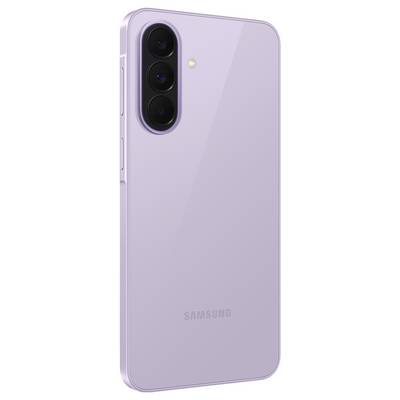 Back of a lavender Samsung smartphone with triple rear cameras and a flash in a vertical module.