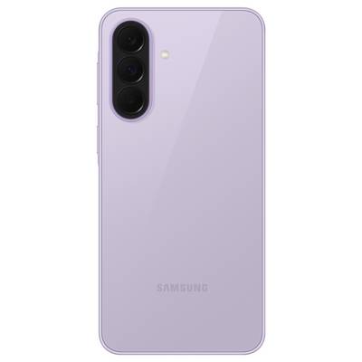 Back of a lavender Samsung smartphone with a vertical triple-camera array and flash in the top left corner.