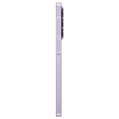 Side view of a light purple smartphone showing the volume buttons and side switch on its metal edge.