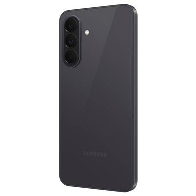 Back of a dark gray Samsung smartphone with triple rear cameras in a vertical module and a small flash near the top left.