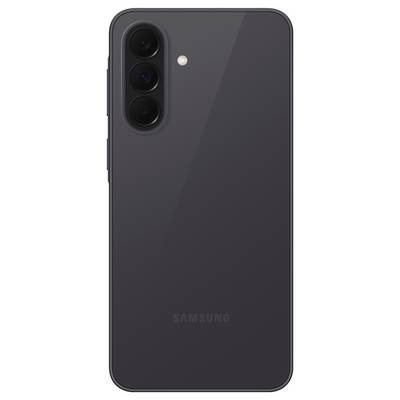 Back of a dark gray Samsung smartphone with a vertical triple camera array and flash in the top left corner.