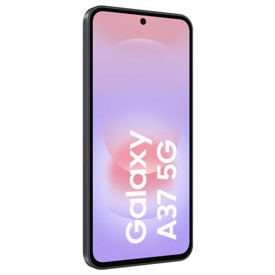 Black smartphone shown at an angle with a pink-to-purple gradient screen displaying the text 'Galaxy A37 5G'.
