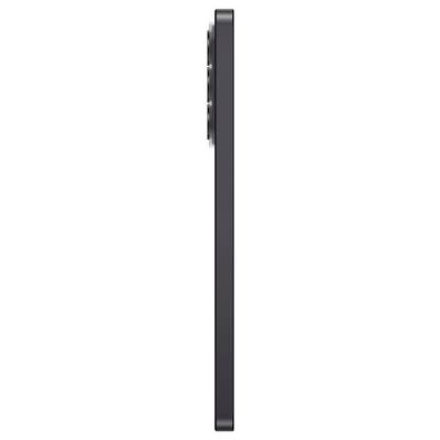 Side view of a slim black smartphone, showing the device’s thickness and protruding camera bump on a plain background.