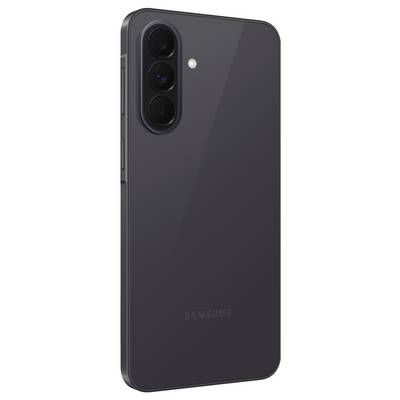 Back of a dark gray Samsung smartphone showing a triple rear camera module and flash in the top left.