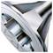 Close-up of a metallic mechanical component with a circular opening and turbine-like blades, shown against a white background.