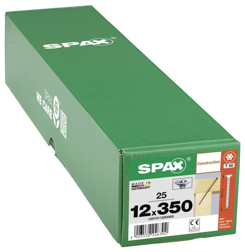 Green SPAX product box labeled '12x350' with 'Made in Germany' and construction screw packaging on the end panel.