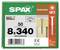 SPAX construction screws box labeled '8x340', 50 count, made in Germany, with screw image, barcode, and T40 drive icon.