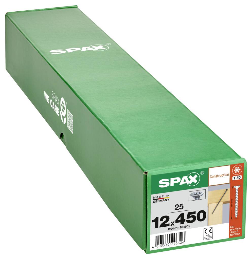 Green SPAX construction screw box labeled '12x450', 25 pieces, with product and barcode on the front end.<br>