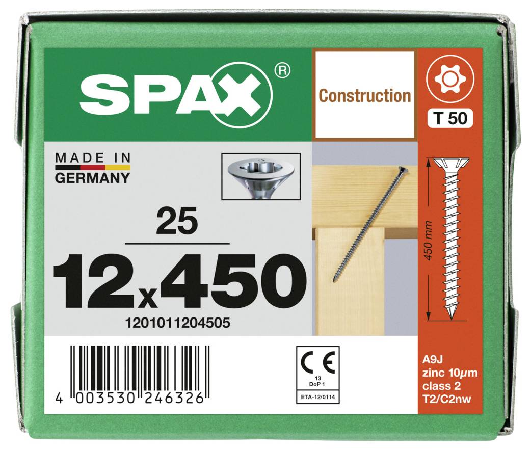 Box of SPAX construction screws labeled T 50, size 12 x 450, made in Germany, showing a screw illustration and barcode.