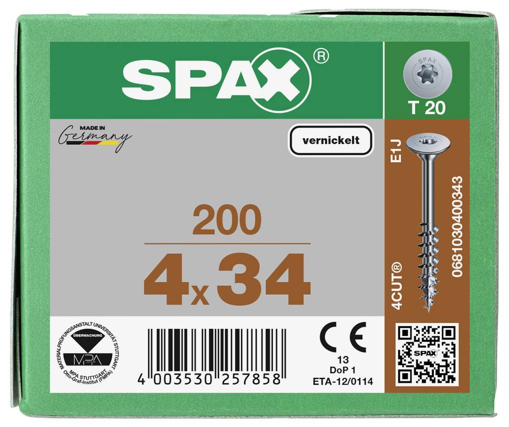 SPAX box of coated wood screws, size 4x34, quantity 200, T20 drive, marked 'vernickelt' and 'Made in Germany'.