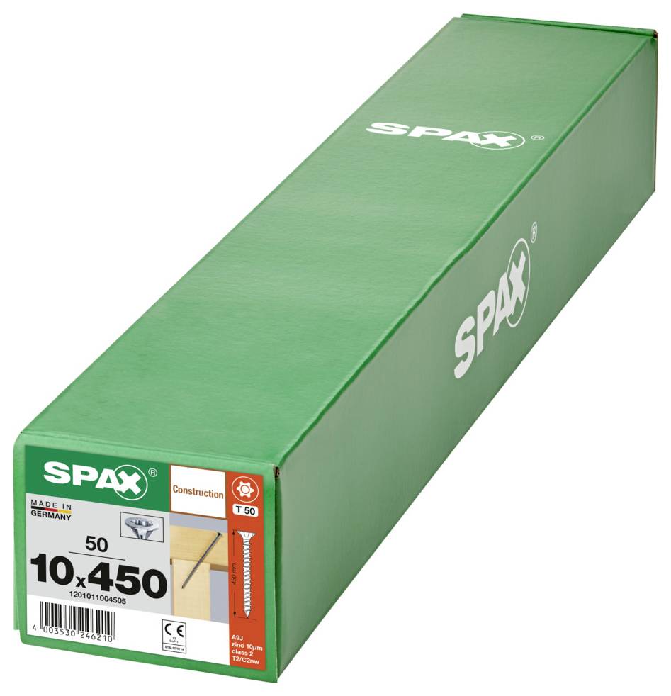 Green SPAX construction screw box labeled '10 x 450' and 'Made in Germany' on a white background.