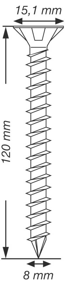 Diagram of a countersunk screw with dimensions labeled: 120 mm length, 15.1 mm head width, and 8 mm tip width.