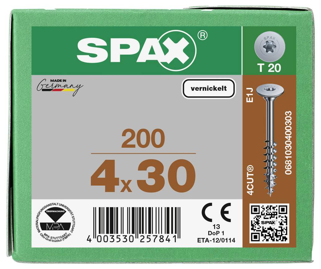 SPAX screw box labeled '200' and '4x30', with T20 drive, nickel-plated finish, and a pictured wood screw.