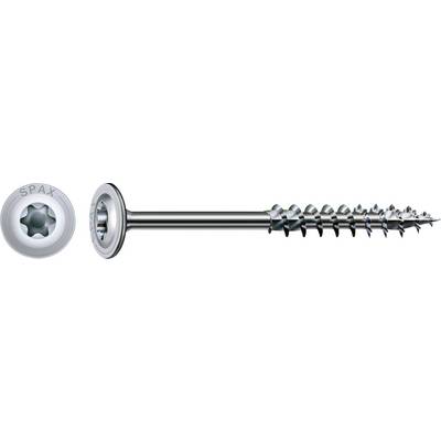 Illustration of a silver SPAX screw with a countersunk head and matching head view, shown in profile on a white background.