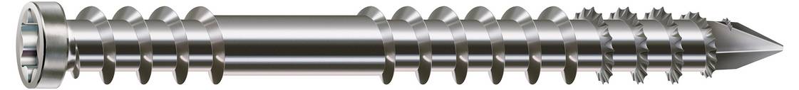 Metal screw or auger bit with a pointed tip and helical threads along a shiny silver shaft, shown horizontally on a white background
