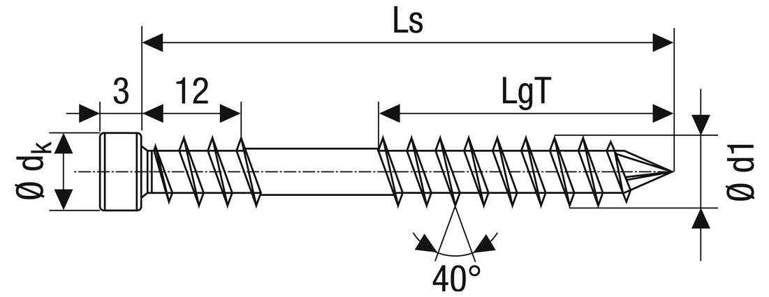 Technical diagram of a screw with dimensions labeled Ls, LgT, ødk, and ødt, showing a 40° thread angle and measurements for head, shank, and threaded length.