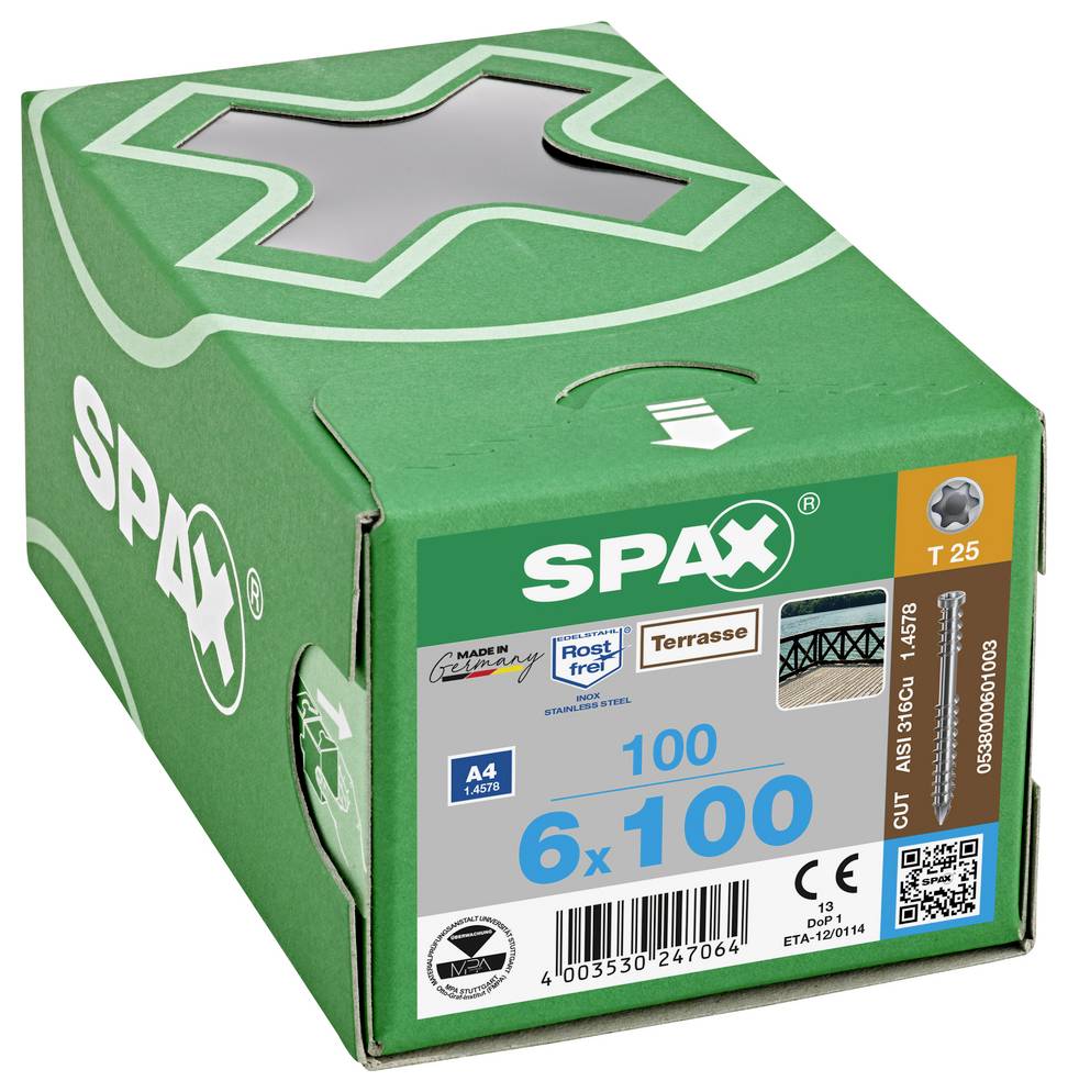 Green SPAX screw box labeled '6 x 100' and '100', with T25 drive and assorted product markings on the front.