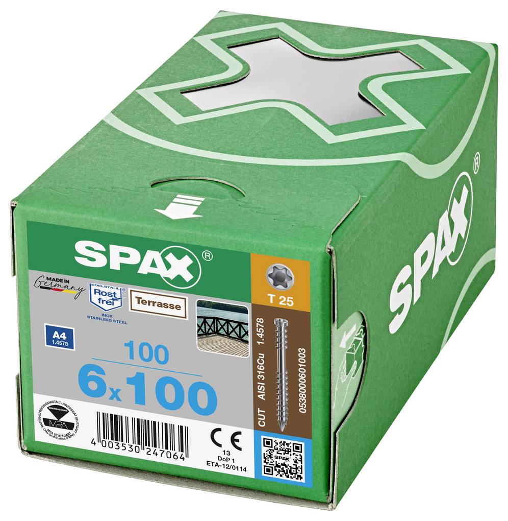 Green SPAX screw box labeled 'Terrasse' and '6 x 100', marked 'T 25' and '100', shown on a white background.
