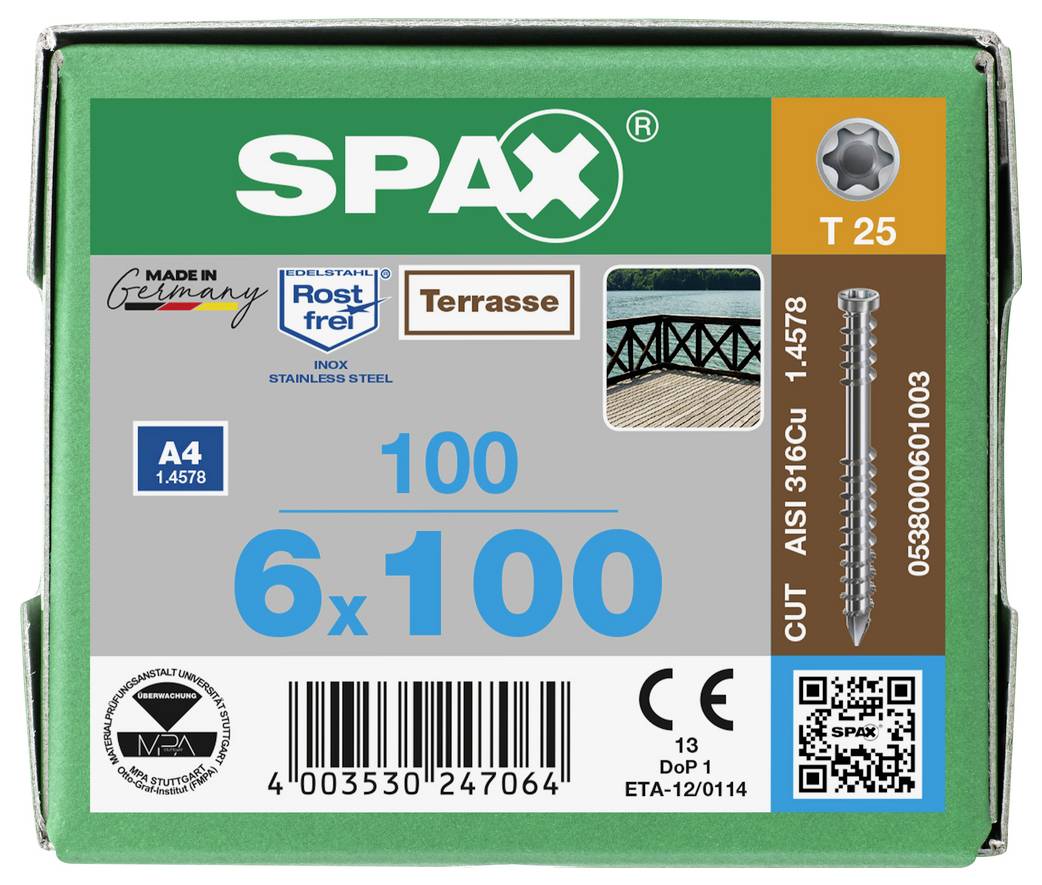 SPAX wood screw box labeled T25, A4 stainless steel, 6 x 100 mm, with product code, barcode, and QR code.