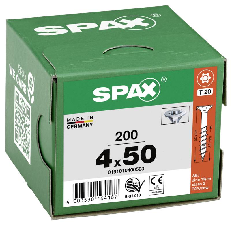 Green SPAX screw box labeled '4 x 50' with 200 pieces, made in Germany, featuring a T20 drive and screw diagram.